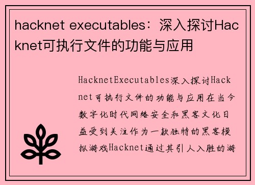 hacknet executables：深入探讨Hacknet可执行文件的功能与应用